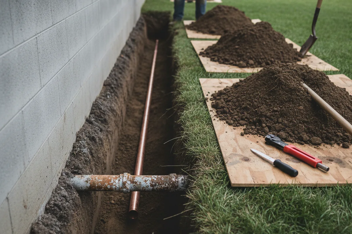 Excavated water line trench during Sewer Line Repair in North Washington